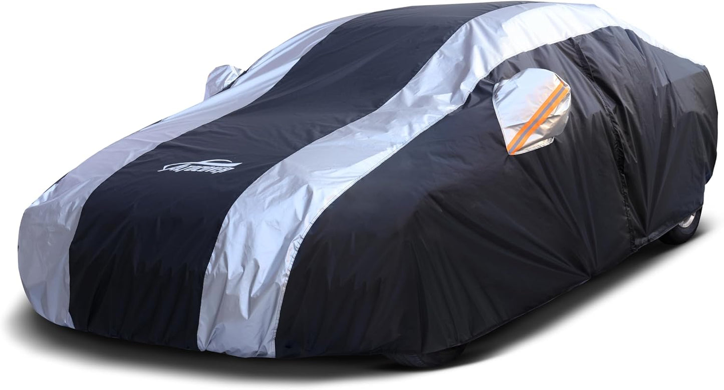 Full Exterior Covers with Silver Stripe Design,Sedan Car Cover for Waterproof Universal Fit Toyota Corolla Prius, Ford Focus Sedan, Hyundai Elantra, Kia Forte, Nissan Sentra, VW Jetta