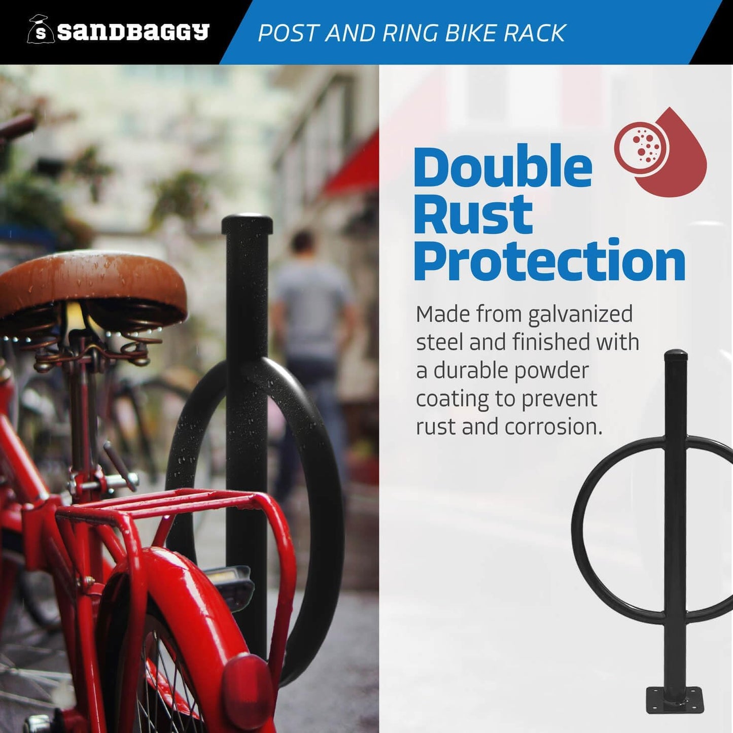 Sandbaggy Post and Ring Bike Rack - Commercial Bike Racks - Galvanized Steel - Anti-Theft Design - In Ground, Apartments, Sidewalks, Industrial (Blue, 10)