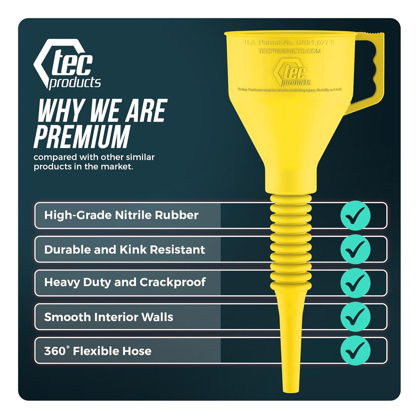 FlexAll Long Flexible Funnel for Automotive Use - Durable Nitrile Rubber - Ideal for Car Oil Change, Transmission Funnel Fluid, Diesel, Fuel, Gas - Made in USA - Yellow (16 x 5 Inches)