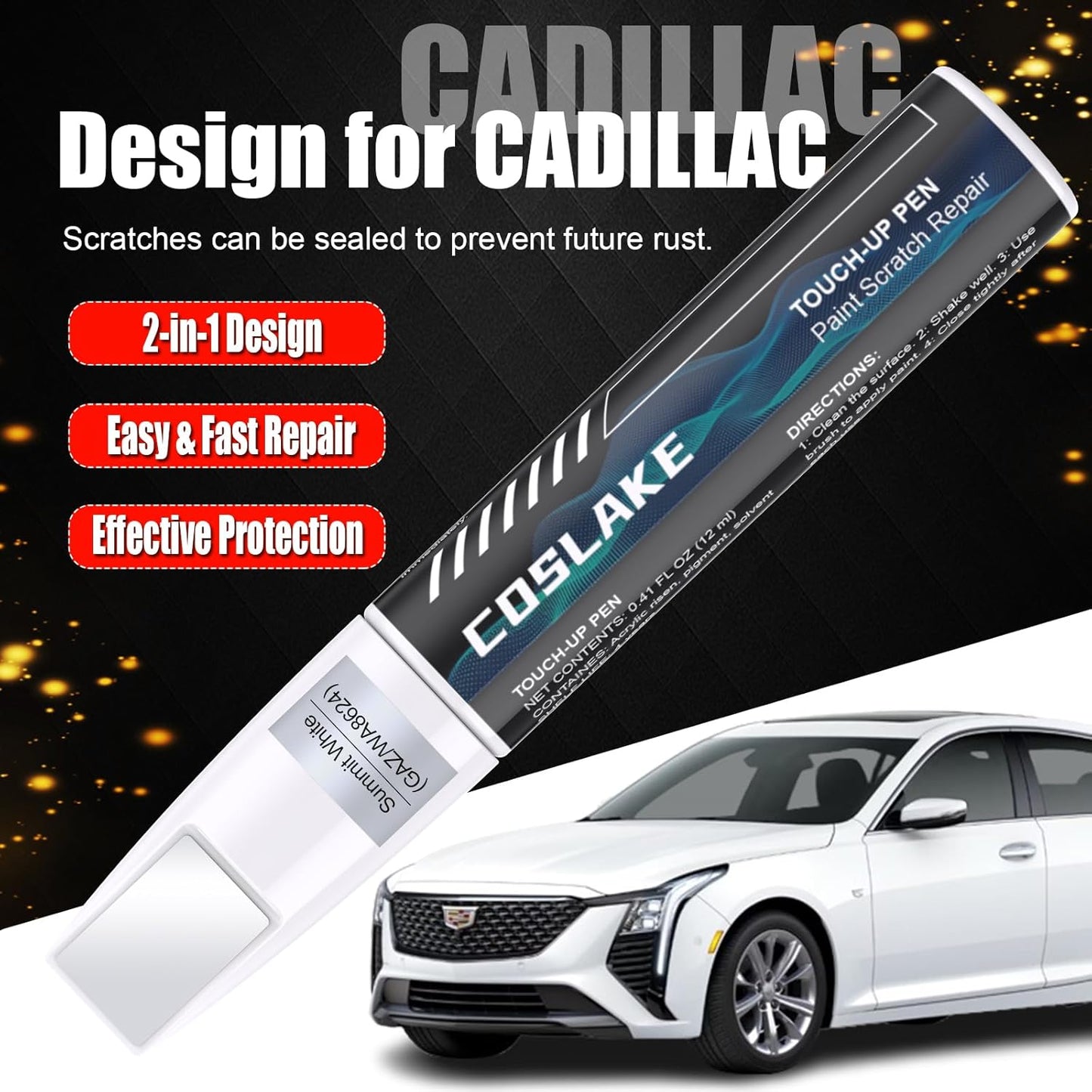 Car Touch Up Paint(Stellar Black Metallic(GB8/WA384A)) for Cadillac, Car Paint Scratch Repair Kit, Quick & Easy Solution to Repair, 2 in 1 Scratch Remover Pen with 2PCS Disposable Micro Applicators