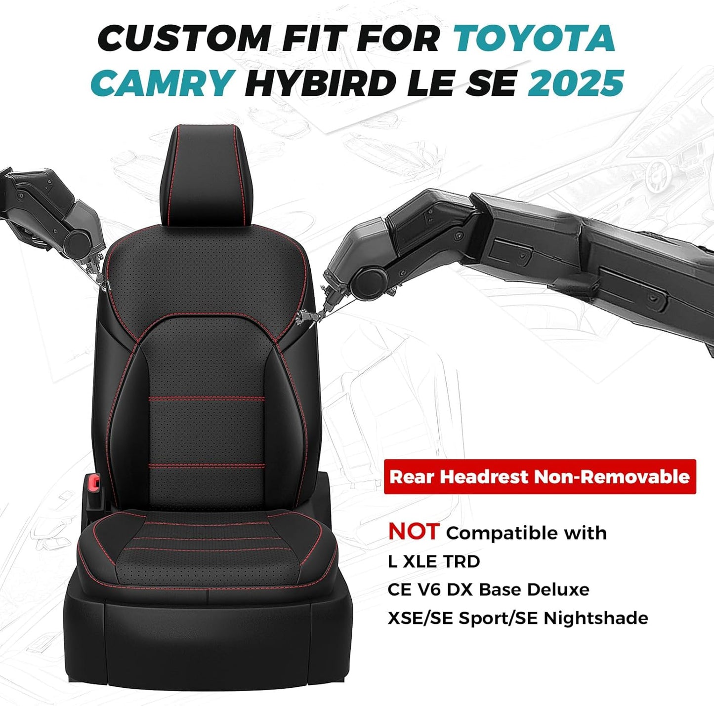 Leather Seat Covers for Toyota Camry 2025 LE SE Hybrid - Custom Fit Car Seat Cover Full Set, Luxury Waterproof Interior Accessories, Breathable Automotive Cushion Protectors, Black Red Trim