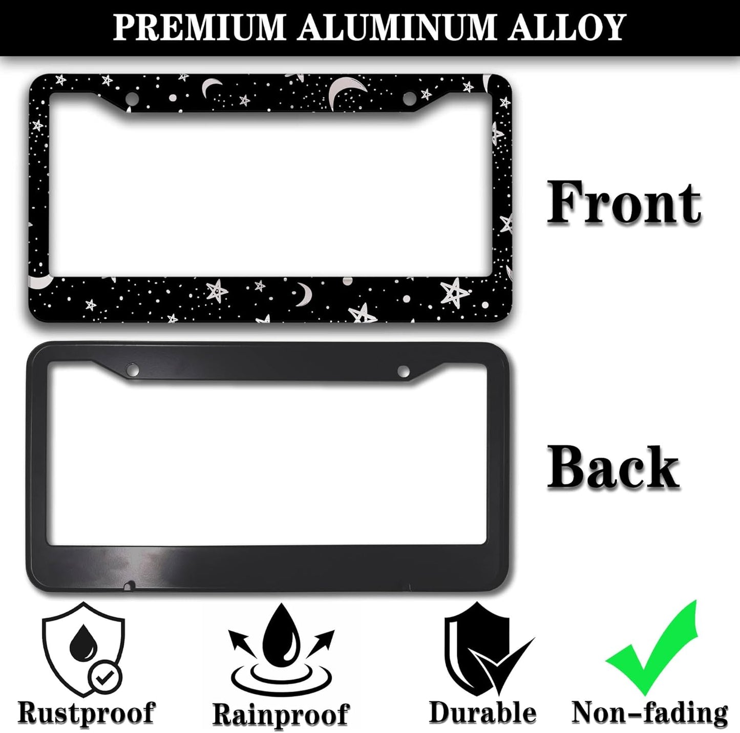 License Plate Frames Black and White License Plate Covers Night Moon Star Black Print Aluminum Metal Car Accessory 2 Pack with Screw Covers Set