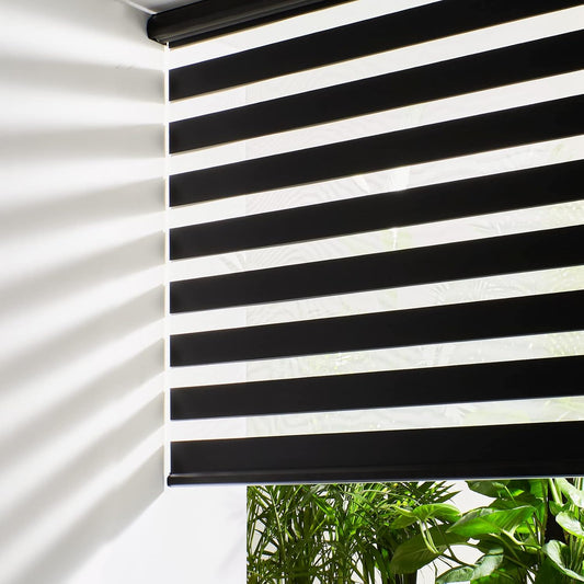 Persilux Cordless Zebra Blinds for Windows Free-Stop Window Shades (27" W X 72" H, Black) Dual Layer Light Control for Day and Night, Light Filtering Sheer Shades for Home, Easy to Install