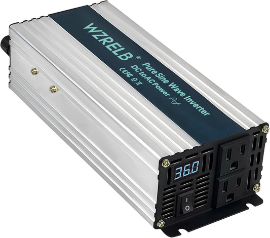 WZRELB 800W Pure Sine Wave Inverter 36V DC to 110V 120V AC Power Converter with LED Display, Off-Grid Portable Power Inverter with 2 AC Outlets for Home, RV, Truck, Camping