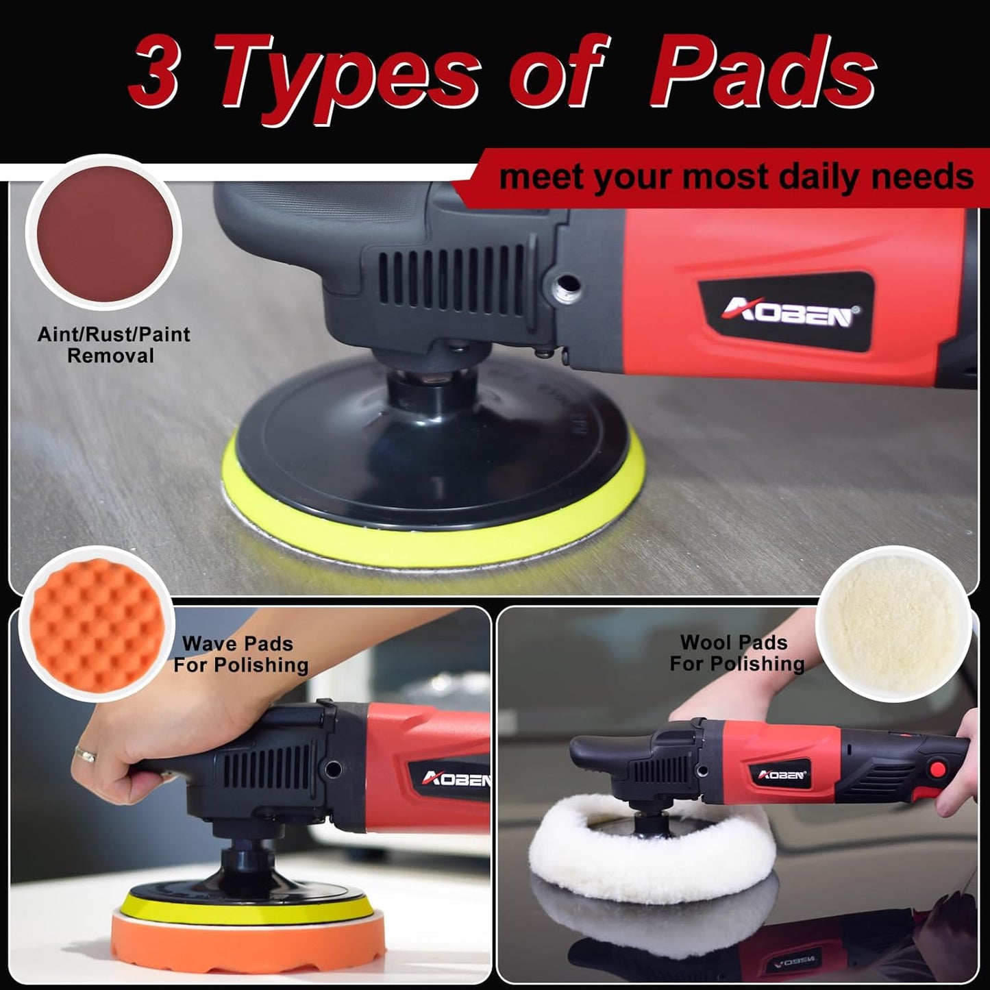 AOBEN Rotary Buffer Polisher,1200W 6-inch/ 7-inch Car Buffer,Car Polisher Waxer Kit with 6 Variable Speed 1000-3500RPM & 4 Polishing Pads,Detachable Handle for Boat,Car Polishing and Waxing