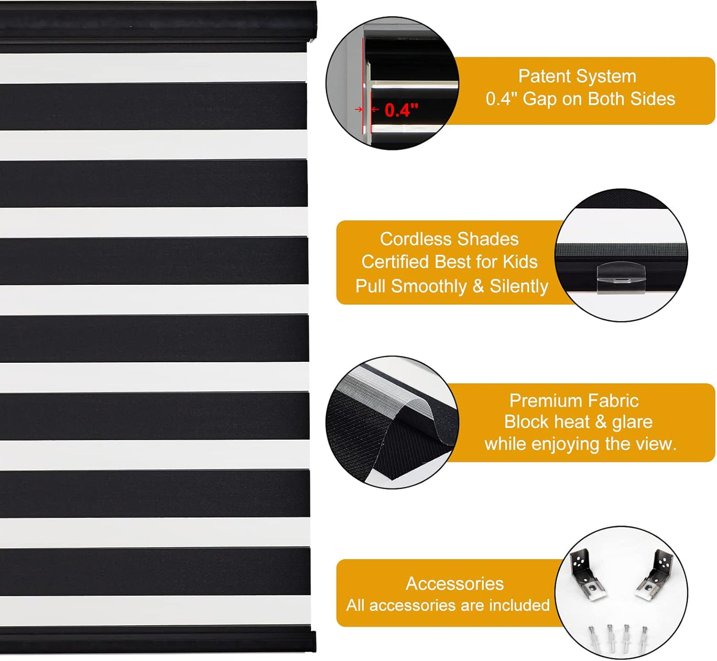 Persilux Custom Size Cordless Zebra Blinds for Windows Free-Stop Roller Windows Shades Dual Layer Light Control for Day and Night, Light Filtering Sheer Shades for Home and Bedroom Black