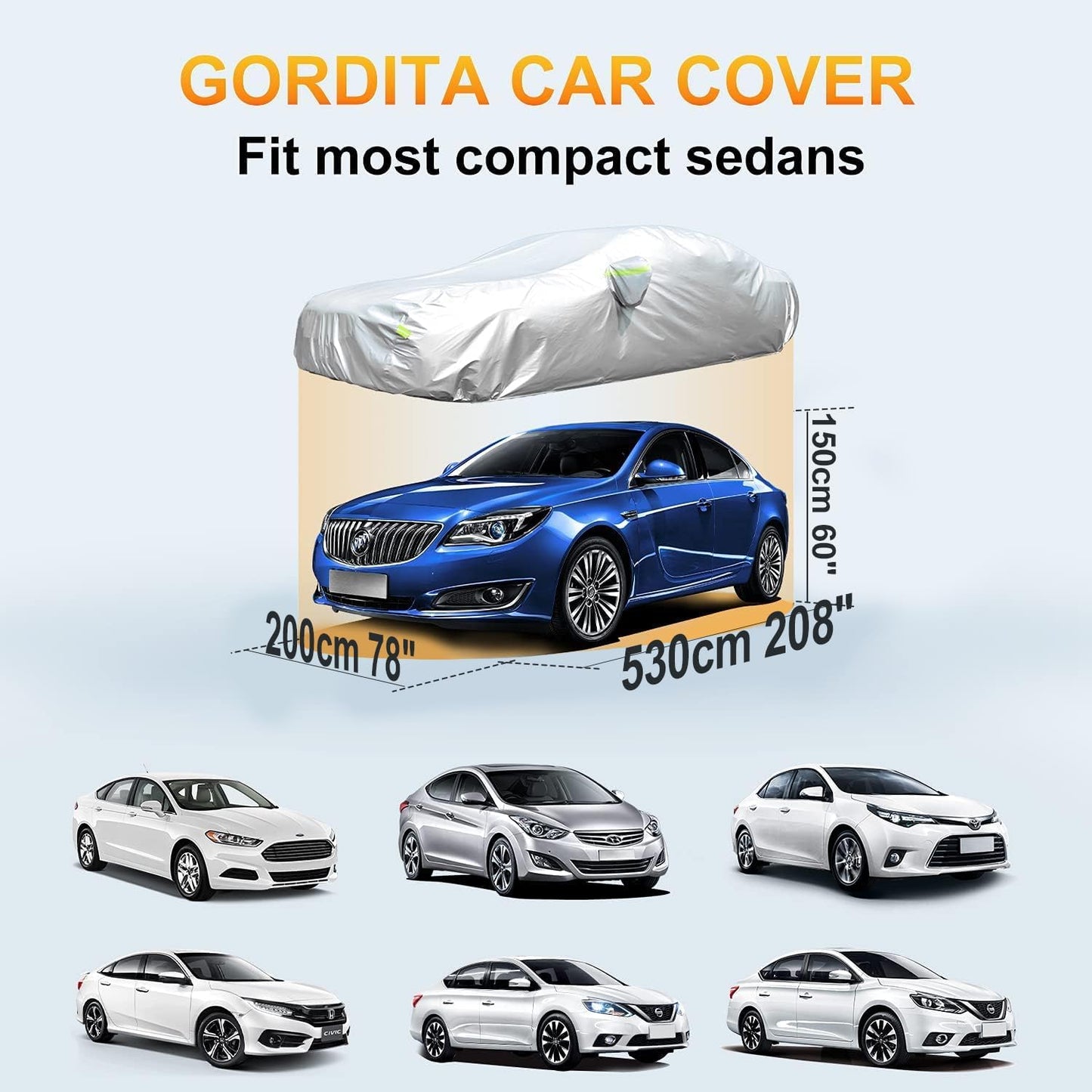Waterproof Car Cover All Weather Snowproof UV Protection Windproof Outdoor Full car Cover, Universal Fit for Sedan (Fit Sedan Length Length 192"-208", Silver)