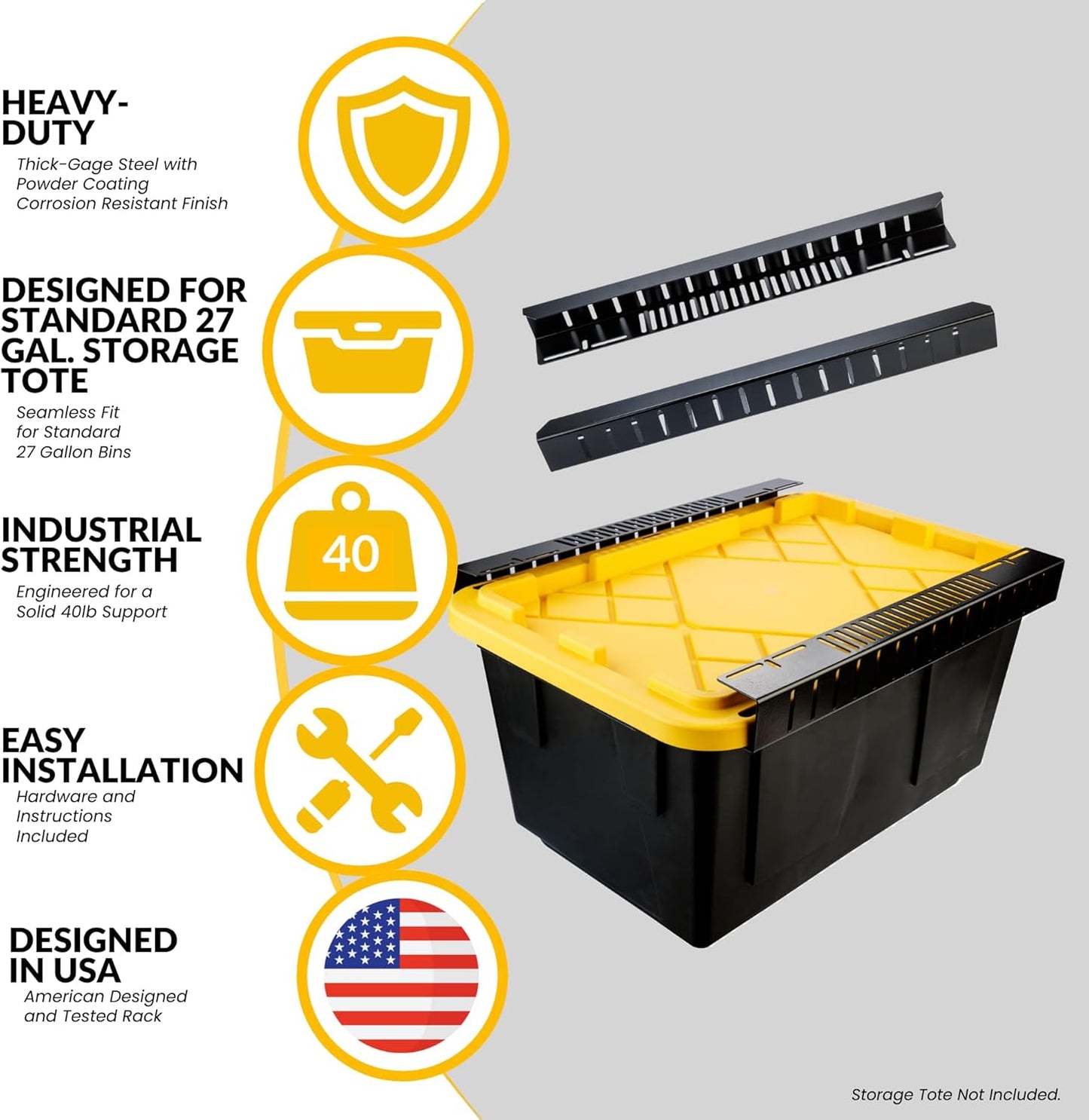 Overhead Bin Rack - Ceiling Mount Overhead Garage Storage Rack | Adjustable Width and Orientation | Heavy Duty Ceiling Bin Storage Rails | Fits Black & Yellow Storage Bins | USA Designed (4 Bins)