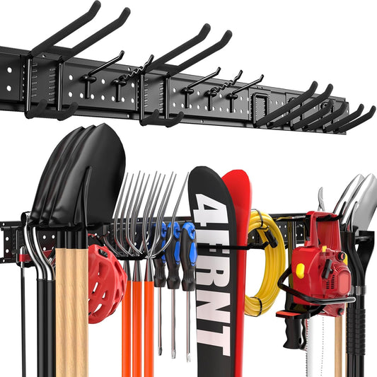 Garage Tool Organizer Wall Mount 48 inches with 10 Adjustable Heavy-Duty Hooks, Garage Organization, Garden Tool Storage Rack for Garage, Yard, and Shed, Holds Up to 400 lbs