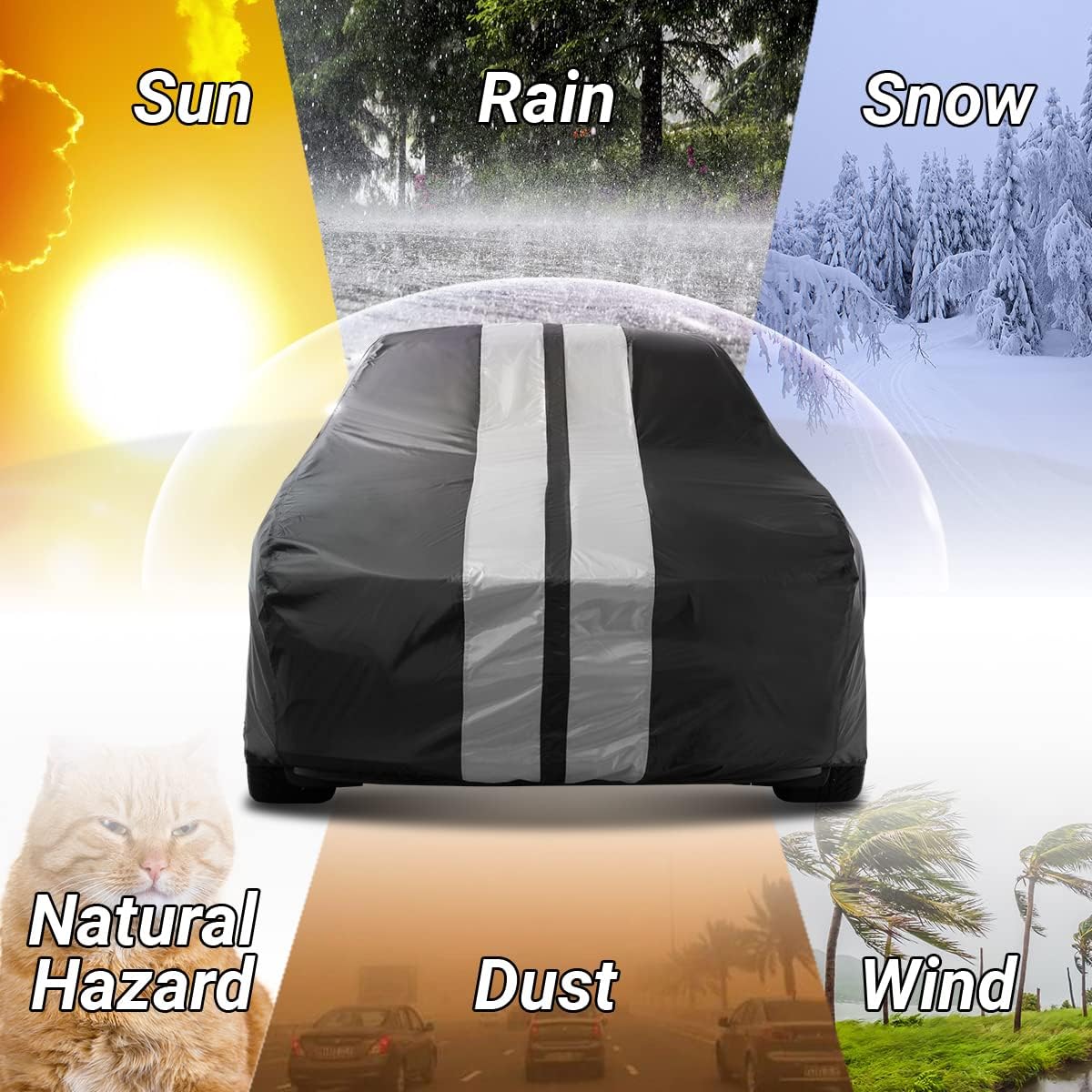 iCarCover Custom Car Cover for 1969-1973 Ford Mustang Waterproof All Weather Rain Snow UV Sun Protector Full Exterior Indoor Outdoor Car Cover (Stripe - Black/Gray)