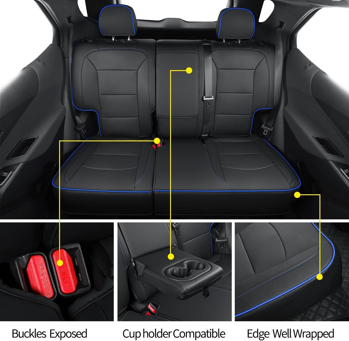RISINGSTAR Terrain Seat Covers, fit for 2018-2024 GMC Terrain SUV with Rear Split Seats, Water Proof Faux Leather(Full Set, Black&Blue)