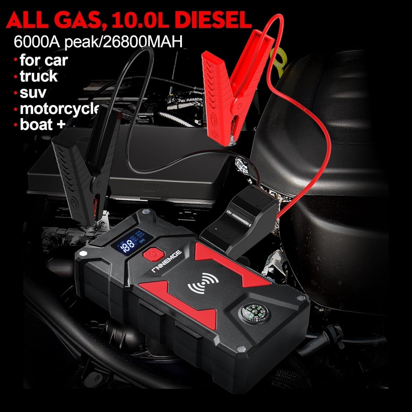 Car Jump Starter, 6000A Peak 26800mAh 12V Car Battery Starter(Up to All Gas, 10.0L Diesel Engine), with USB Quick Charge 3.0,LED Light,12V EC-5 Output.