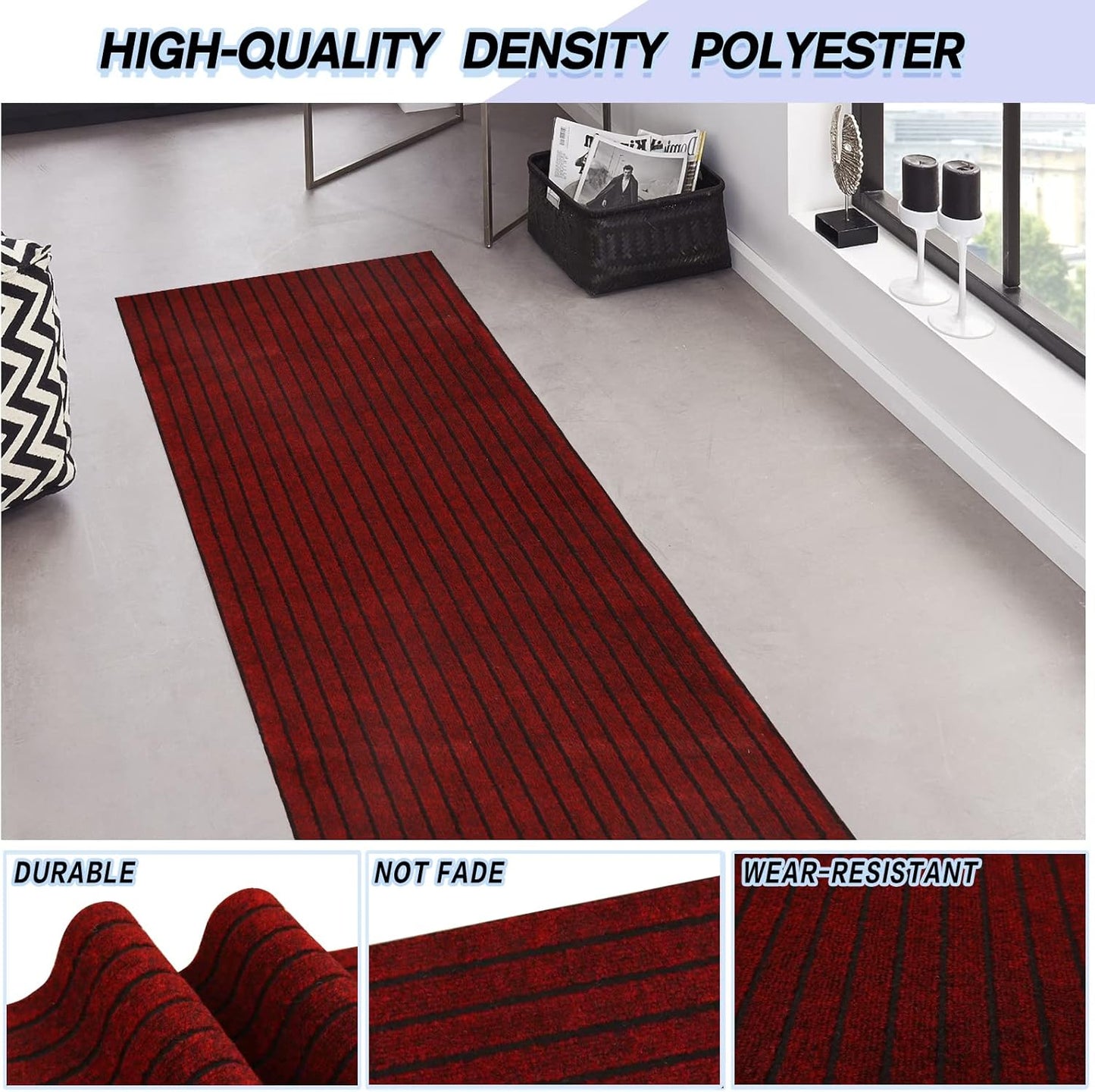 Custom Size Backed Non-Slip Area Rugs Runner, Easy Clean, Waterproof Runner Rugs for Hallway Entryway, Kitchen, Laundry, 4FT x 59FT, Red Stripe