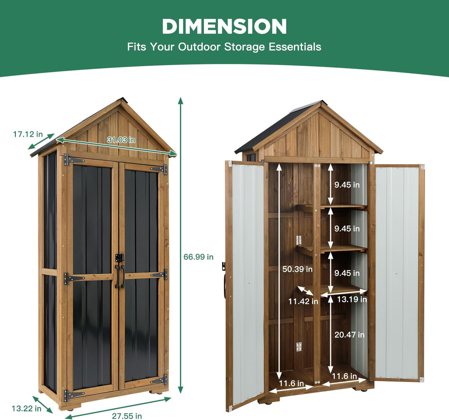 Outdoor Storage Cabinet – Weatherproof Wood & Metal Storage Shed with Adjustable Shelf, Lockable Doors, and Stability Features for Garden, Patio, and Backyard, 27 1/2”x 13”x 67” (Brown+Black)