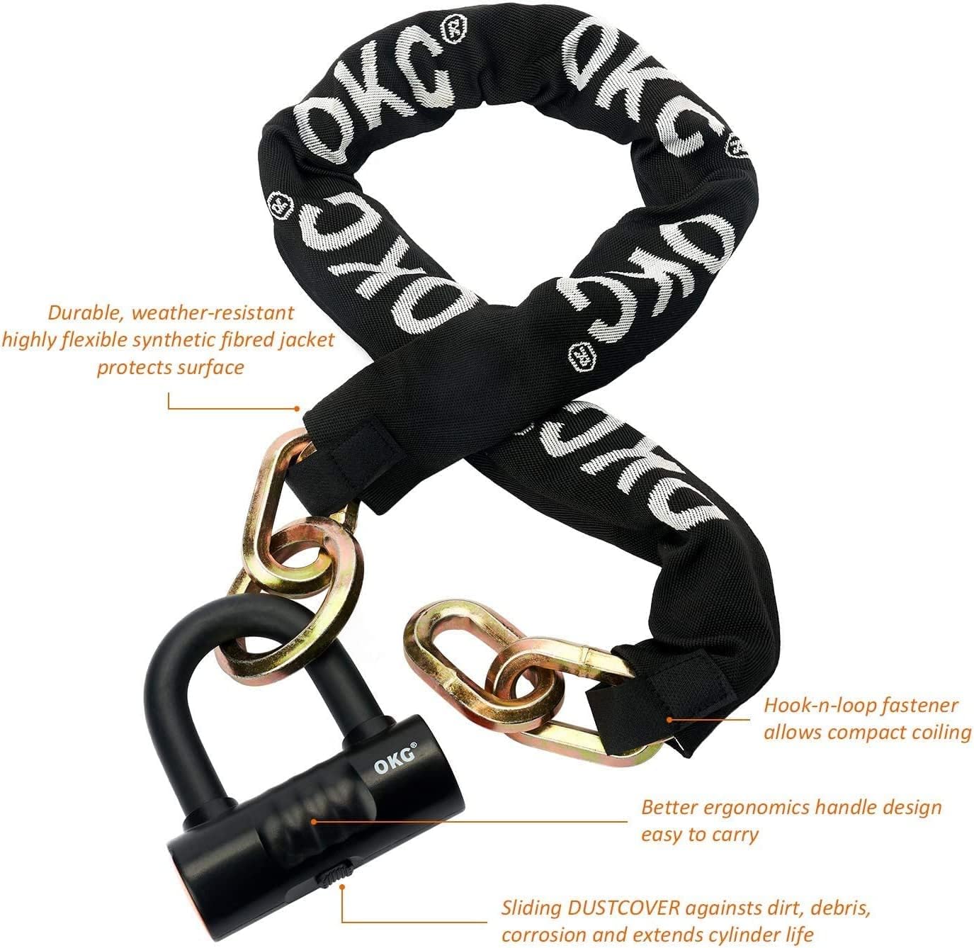 OKG Ultra Security Motorcycle Chain Lock, 4 Keys, 13lbs, 5 ft x 1/2in (12mm) Thick Motorcycle Lock Chain, Heavy Duty Chain Lock, High Security Cut Proof Chain Combo Anti Theft Heavy Duty Small U-Lock