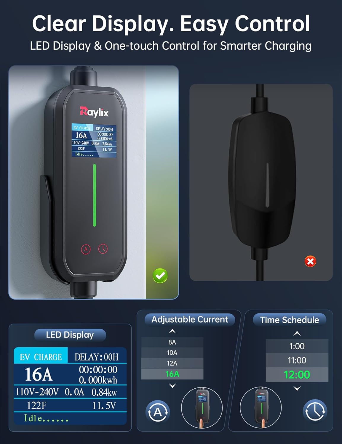 16A Level 1&2 Tesla Charger [Adjustable Current, Delay Charge & Smart Display] Tesla Mobile/Home Charger with 21 ft Cable, Mobile Connector for Model X/Y/3/S/Cybertruck, NEMA 6-20/5-15 Plug, 110-240V