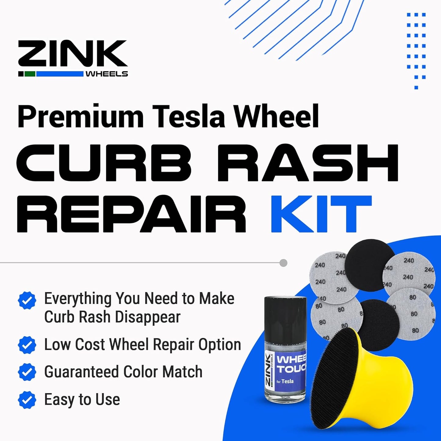 Premium Tesla Wheel Curb Rash Repair Kit for Model S 19-inch Silver Base Rims - DIY Kit with Color-matched Touch Up Paint - Made in USA