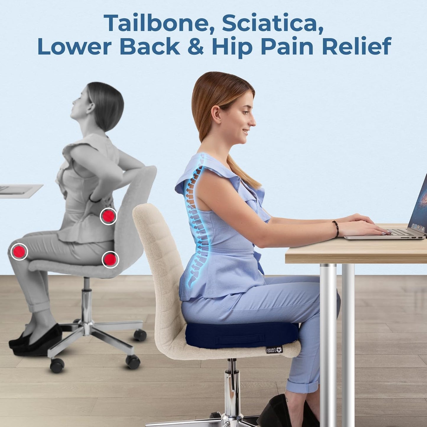 5 STARS UNITED Seat Cushion for Tailbone Pain Relief – Memory Foam Lifting Pillow for Coccyx, Hip, Hemorrhoid, Sciatica & Post-Surgery Recovery – Wheelchair, Car, Desk, Gaming & Office Chairs, D Blue