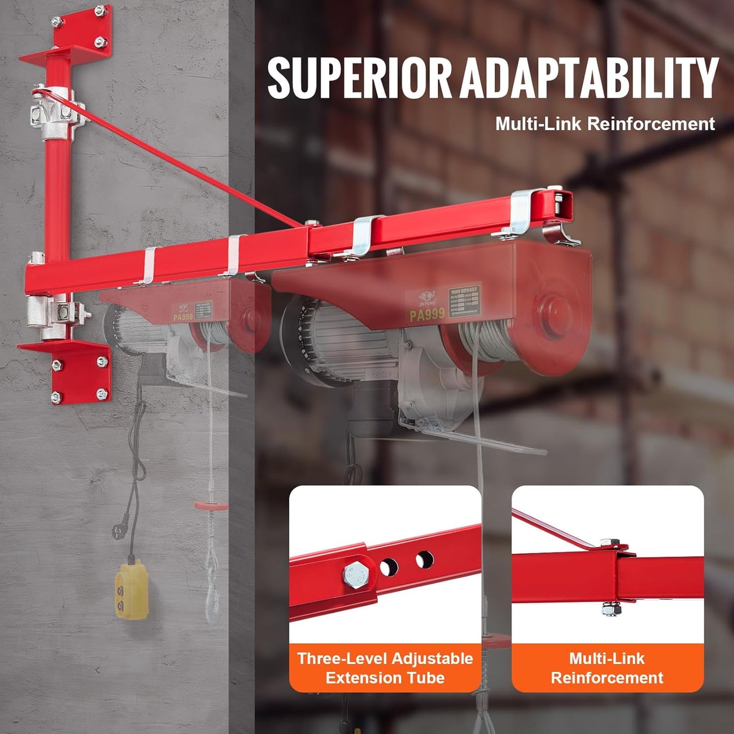 VEVOR Wall Mount Jib Crane, 660 lbs Max Load Capacity Electric Scaffolding Lift, Electric Hoist Holder Swing Arm with Pole, Steel Hoist Frame, 180° Swivel Scaffold Lifting Arm for Electric Hoist