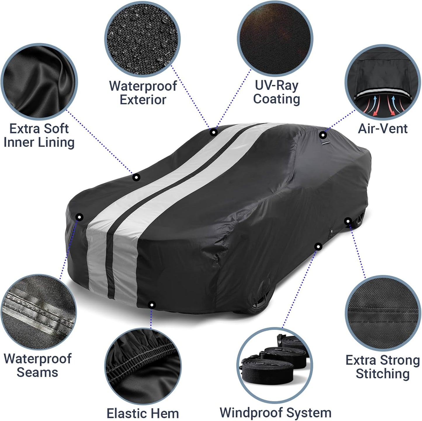 iCarCover Custom Car Cover for Pontiac Chieftain (1949-1954) Waterproof All-Weather Rain Snow UV Sun Protector Full Exterior Indoor Outdoor Car Cover (Stripe - Black/Gray)