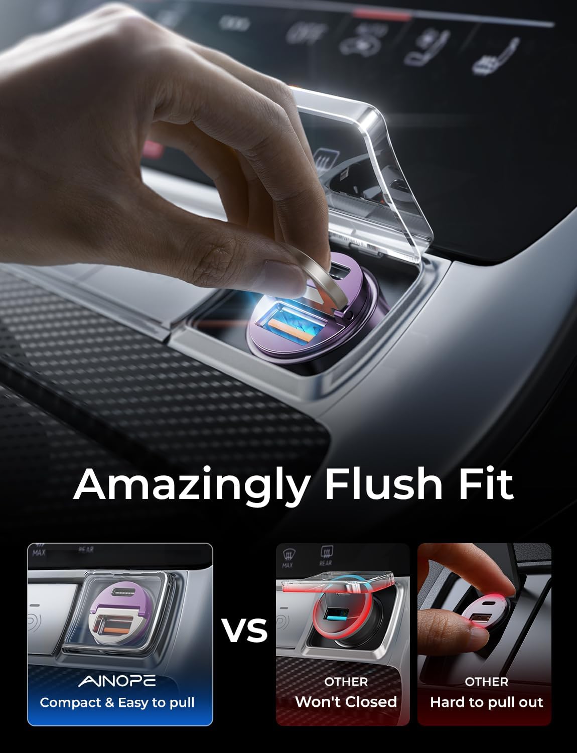 AINOPE 90W Super Fast Car Charger, Invisible USB C 45W Car Charger Fast Charging Type C, [Mini&Metal] Cigarette Lighter USB Adapter Fits Samsung Galaxy S25 Ultra S24 iPhone 16 15 Pro Max Piexl, Purple