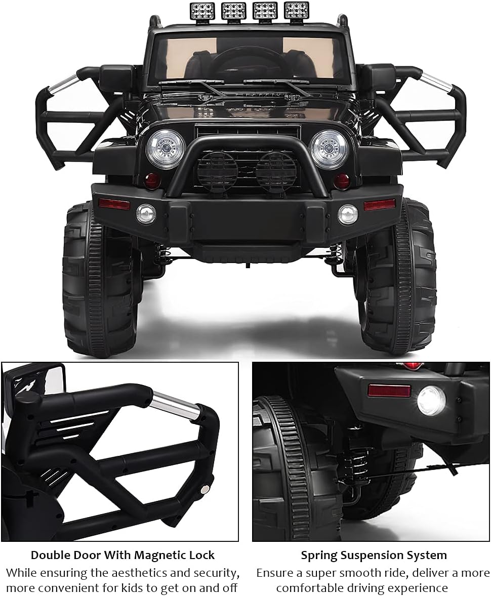 Costzon Ride On Car, 12V Battery Powered Electric Ride On Truck w/Parental Remote Control, LED Lights, Double Open Doors, Safety Belt, Music, MP3, Spring Suspension (Deluxe Black)