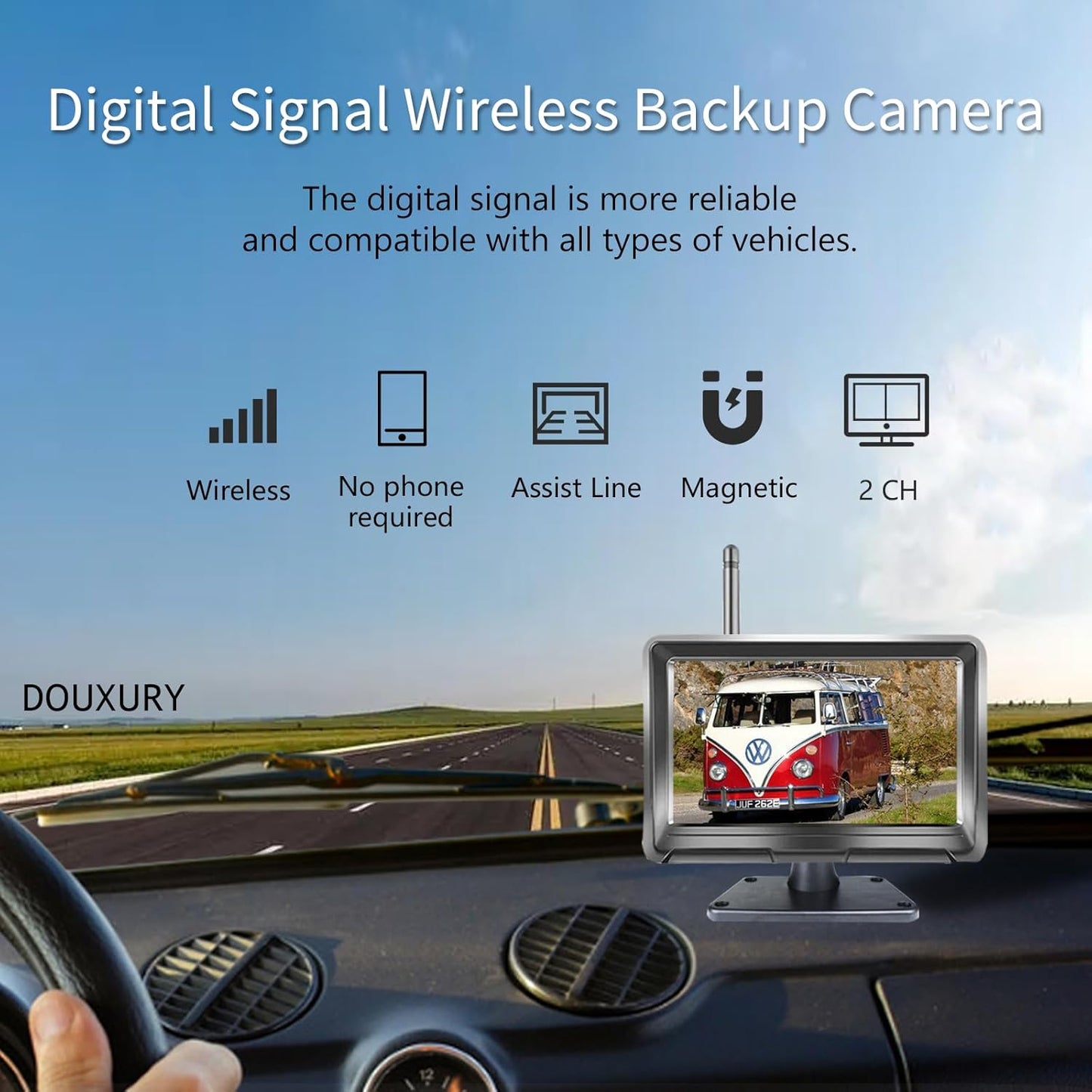 Wireless Backup Camera Solar Magnetic for Car RV Trailer Truck Camper 5th Wheels Hitch Towing No Wiring No Drilling Rechargeable Night Vision Portable Backup Camera with 5" 1080P HD 2-Split Monitor