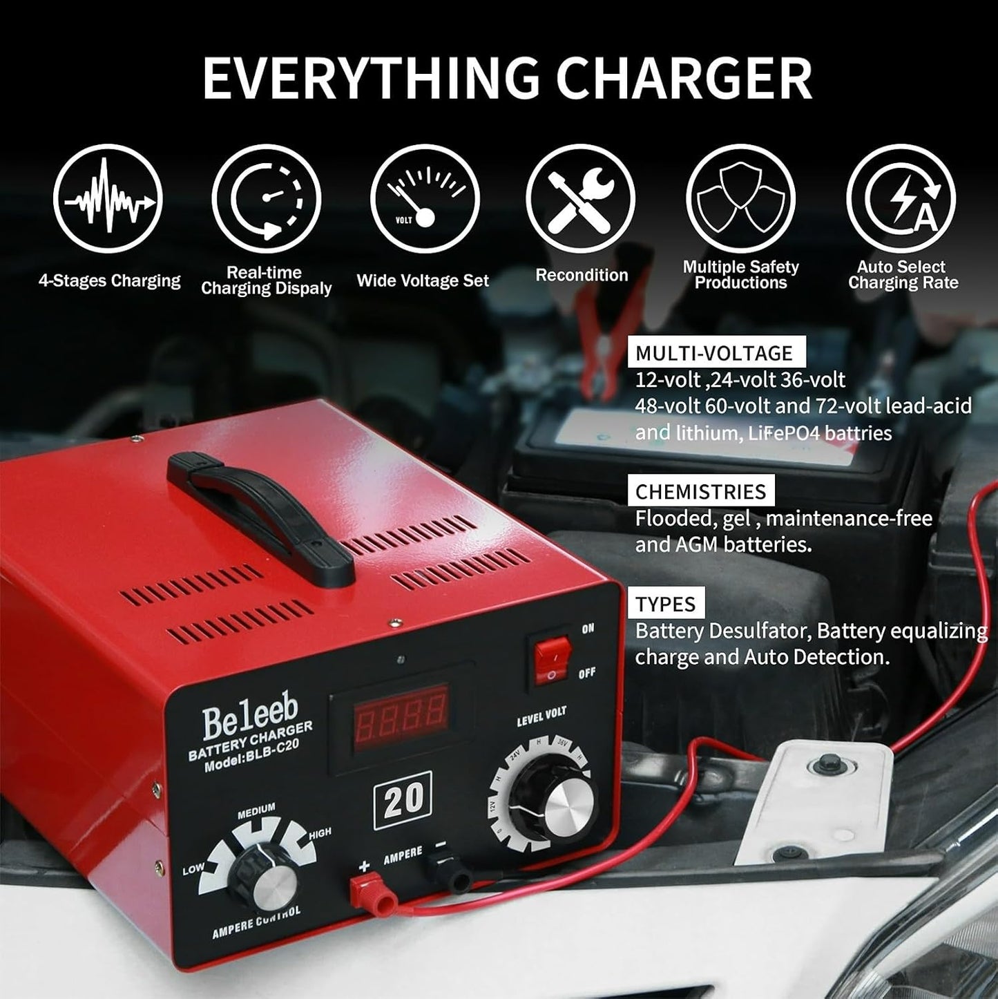 C20 Adjustable Battery Charger 12V 24V 36V 48V, 12A Pulses of High-Voltage Battery Desulfator Maintainer with Smart Chip for Lead-Acid LiFePO4 Lithium Batteries BLB-C20