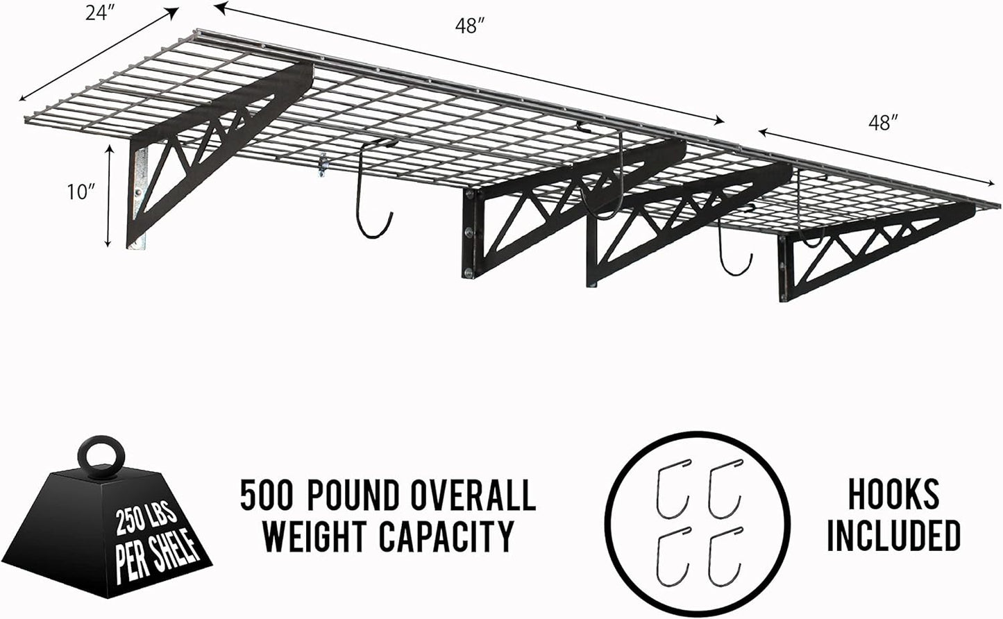 SafeRacks Garage Wall Shelves - 2-Pack 24"x48" Mountable Shelving Units for The Garage, Pantry or Utility Closet, Heavy Duty Steel Shelf with Bike Accessory Hooks, 500lb Capacity, Color: Hammertone