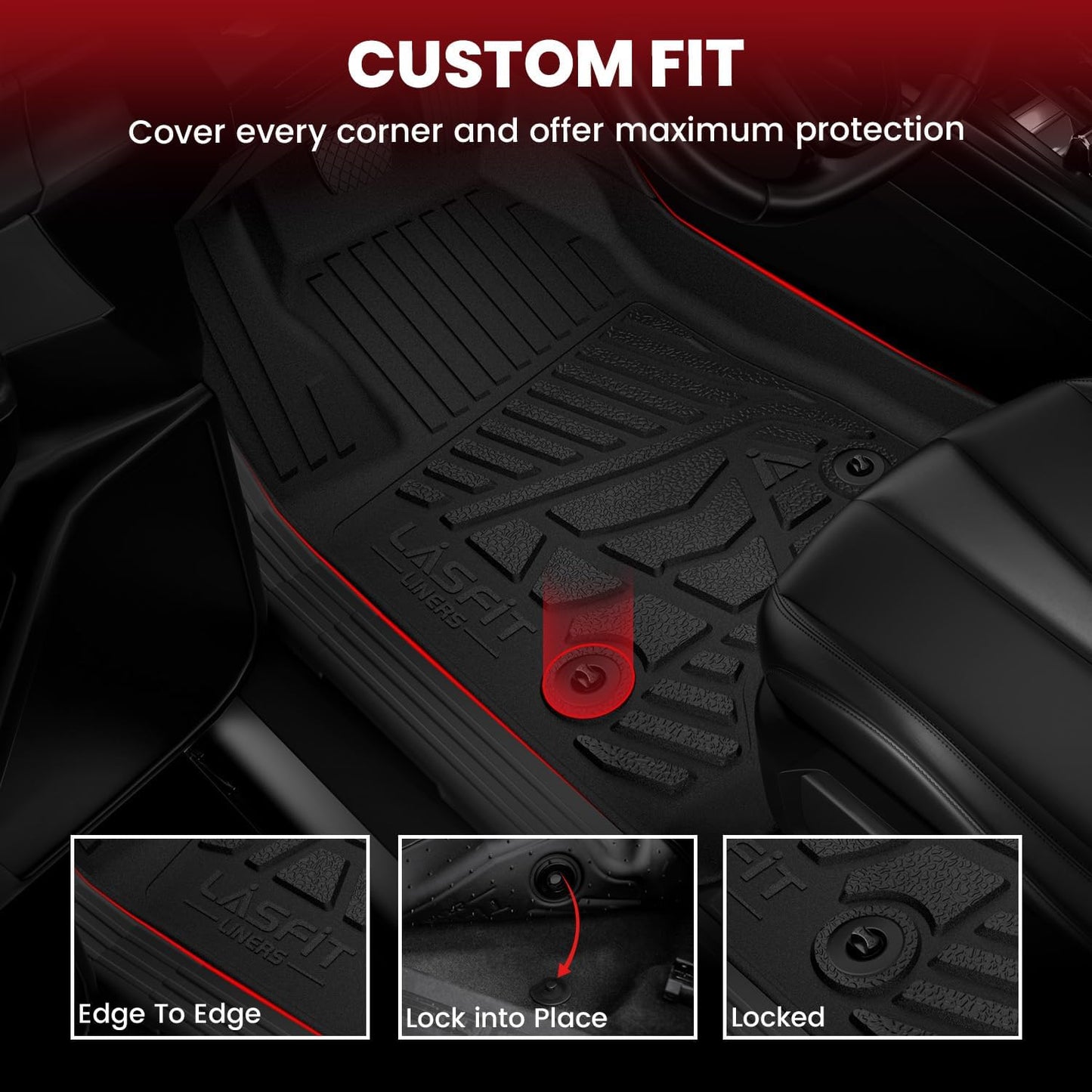 LASFIT Floor Mats for Ford F-150 2011-2014 SuperCrew Carpet Floor Front Row w/Flow-Through Console All Weather Protector TPE Truck Liners, 1st & 2nd Row, 3pcs Black