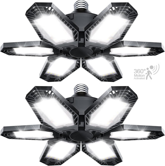 TANBABY 2 Pack Motion Sensor Garage Light, Total 30000LM Deformable Garage Lighting, 150W LED Ceiling with Motion, Ultra Bright Motion Activated LED Shop Light for Attic, Basement