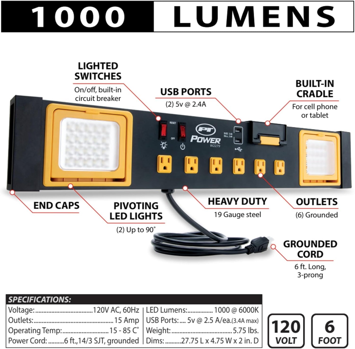 Performance Tool W2279 Commercial Grade Power Station with 6 Outlets, 2 USB Ports, Built-In Cradle, and LED Lights, Ideal for Workshops and Garages