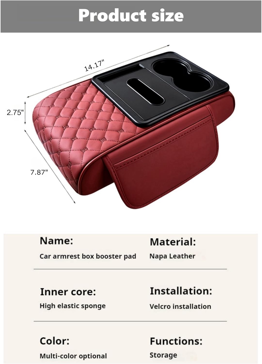 Center Console Cover Organizer, 5-In-1 Arm Rest Cover for Car with Cup Holder & Storage Pocket & Tissue Holder, Armrest Cover Cushion Pad, Grid, Rose-Tinted
