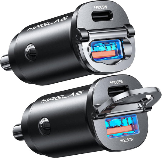 MRGLAS [2-Pack] 125W USB C Car Charger, Mini Metal USB C Car Adapter Fast Charging PD65W & QC60W Dual Port Type C Cigarette Lighter USB Charger for iPhone 16 15 14 Pro Max iPad Samsung MacBook