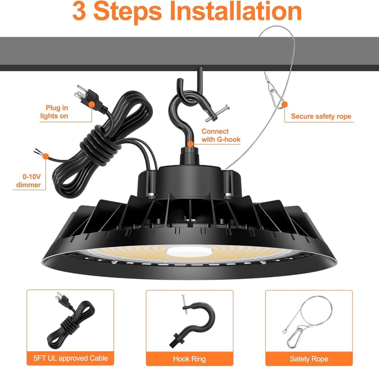 9Pack LED High Bay Lights, Super Bright 200W UFO High Bay LED Shop Lights, 30000LM 5000K, 0-10V Dimmable, 5' Cable Plug, IP65 Waterproof, ETL Listed Plug & Play Lighting for Gym Factory Warehouse
