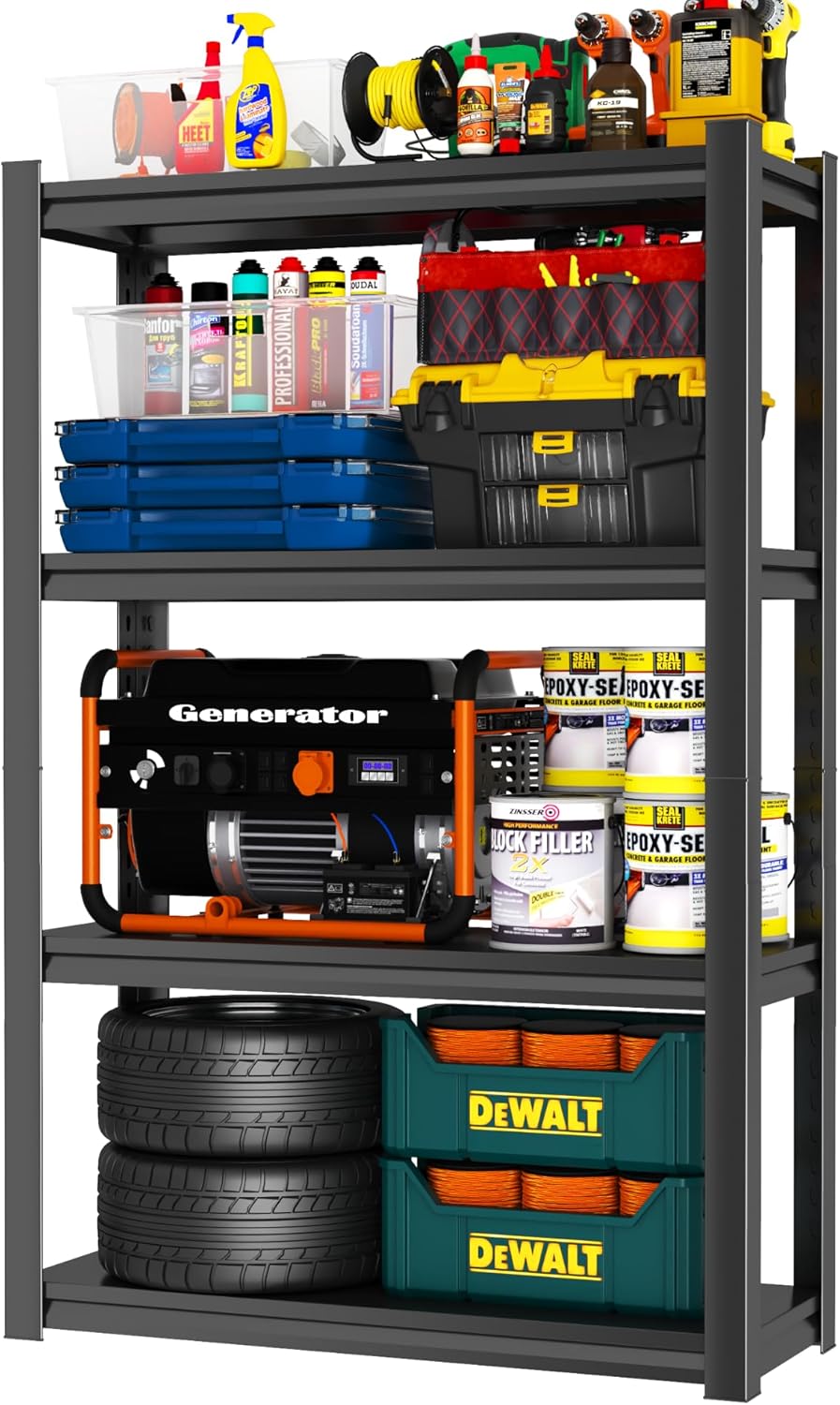 Garage Shelving Unit, Heavy Duty 4-Tier Adjustable Storage Shelf, Steel Shelving,2000 lbs Capacity, Industrial Shelves for Heavy Tools and Equipment, 59" H x 24" W x 14" D,Black