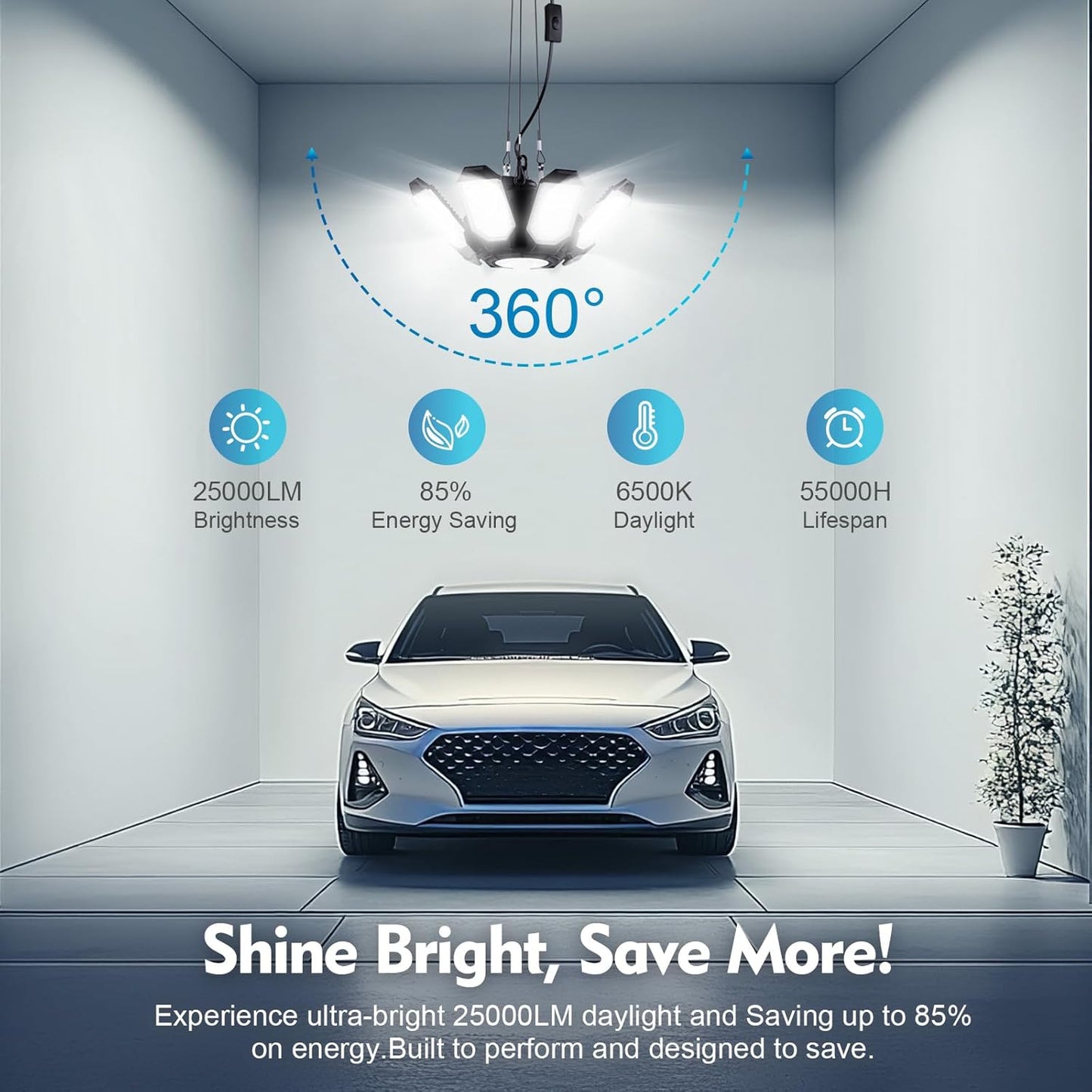 TANBABY 2 Pack Motion Sensor Garage Light, Deformable Garage Lights Ceiling LED Plug in Cord, Plug in Shop Lights with 8+1 Panels Bulb for Basement