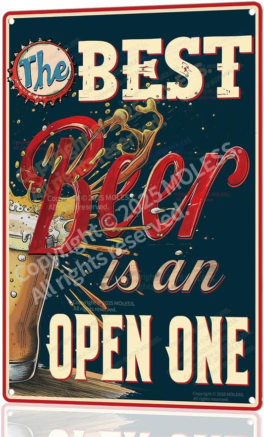 "The Best Beer is an Open One" Funny Bar Sign or Man Cave Decor | 12x8″ Durable Vintage Metal Beer Signs Wall Decorations for Home Bar/Basement/Garage/Mancave, 2347