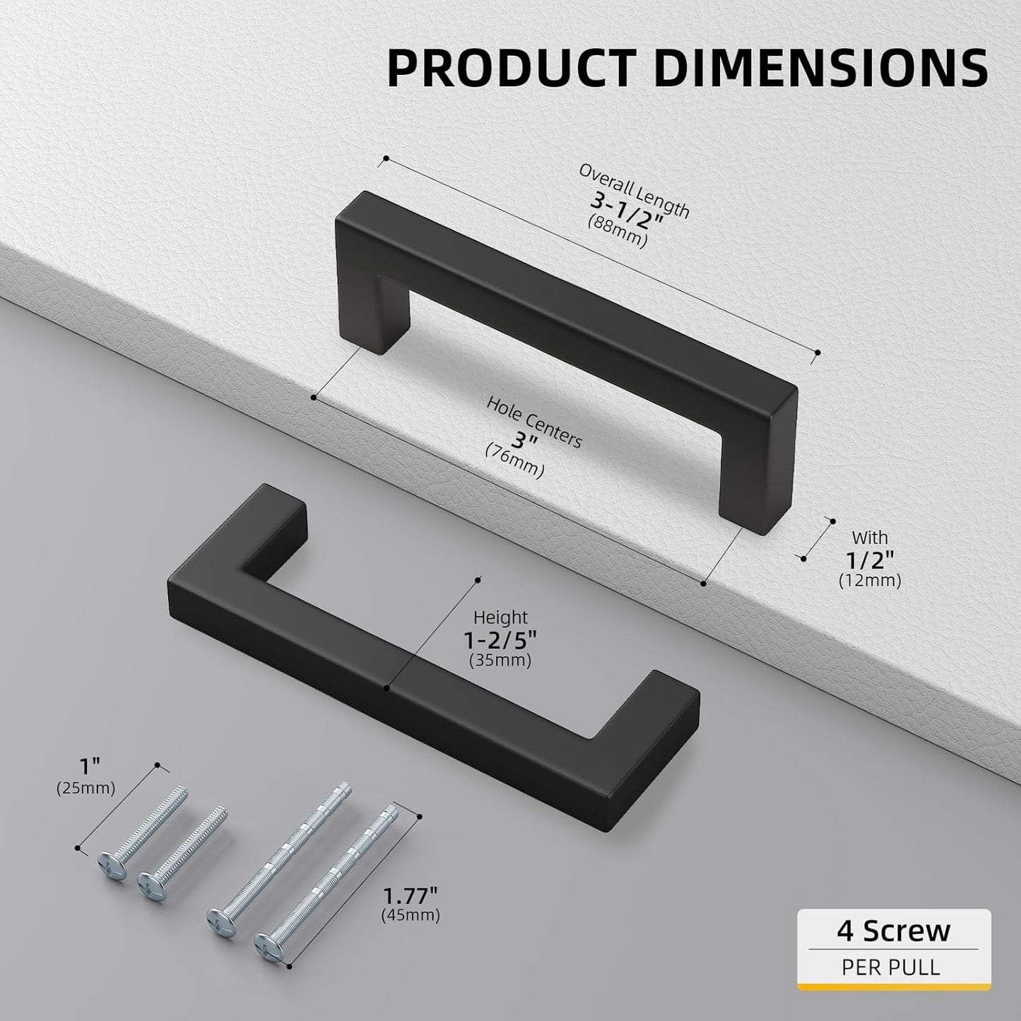 Goldenwarm 1 Pack Black Square Bar Cabinet Pull Drawer Handle Stainless Steel Modern Hardware for Kitchen and Bathroom Cabinets Cupboard, Center to Center 3in (76mm)