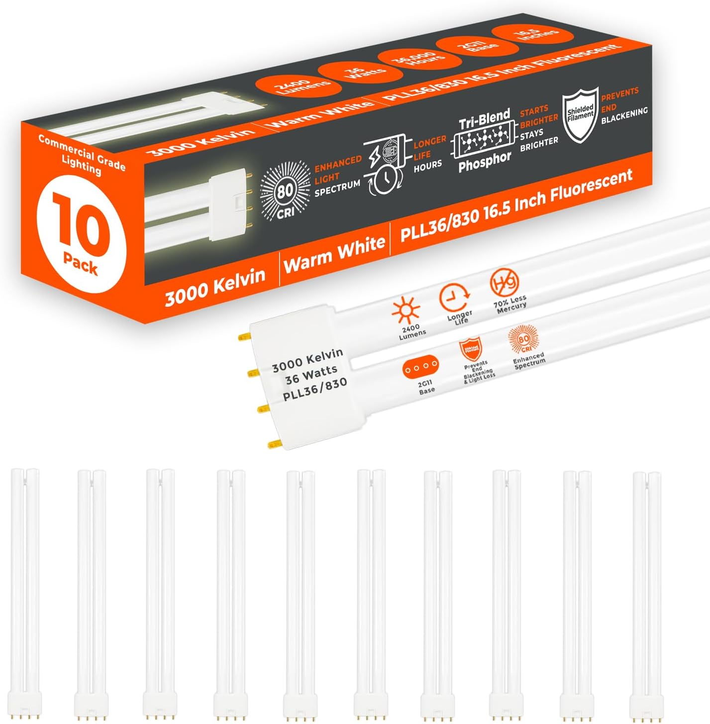 GoodBulb PLL36/830 36W 16.5" Twin Tube Compact Fluorescent Light Bulb 4-pin 2G11 Base 3000K Soft White 2400 Lumen 36000 Hour Long Life Biax Pack of 10