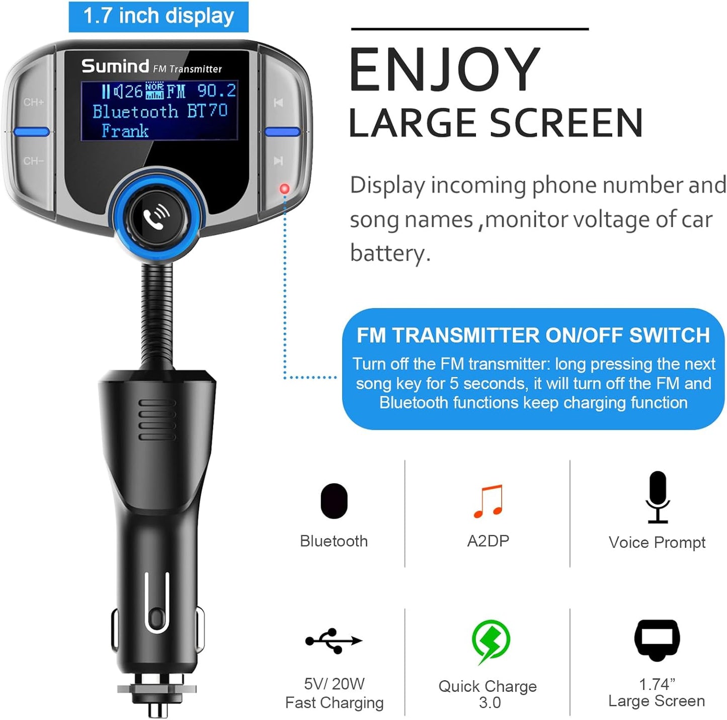 Upgraded Bluetooth FM Transmitter, Wireless Radio Adapter Hands Free Car Kit with 1.7'' Display, QC3.0 and Smart 2.4Amp Dual USB Ports, AUX Input/Output, TF Card Mp3 Player (PD, Sliver Grey)