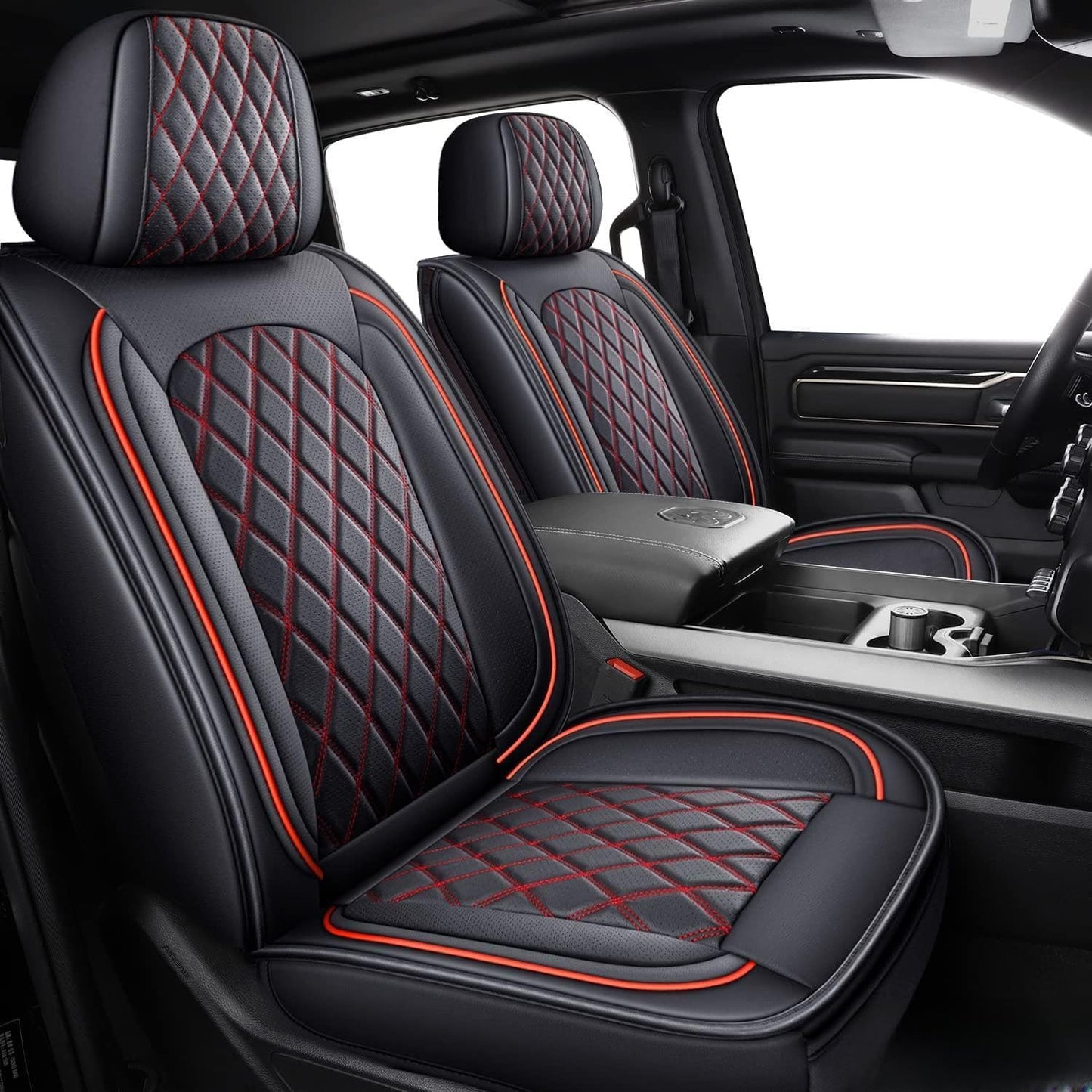 MIROZO Ram Seat Covers Full Set, Faux Leather Truck Seat Covers Compatible with 2009-2025 Ram 1500 2500 3500 Truck Pickup Crew Quad Cab with Split Bench 40/60(Black and Red,Full Set Curved Back)