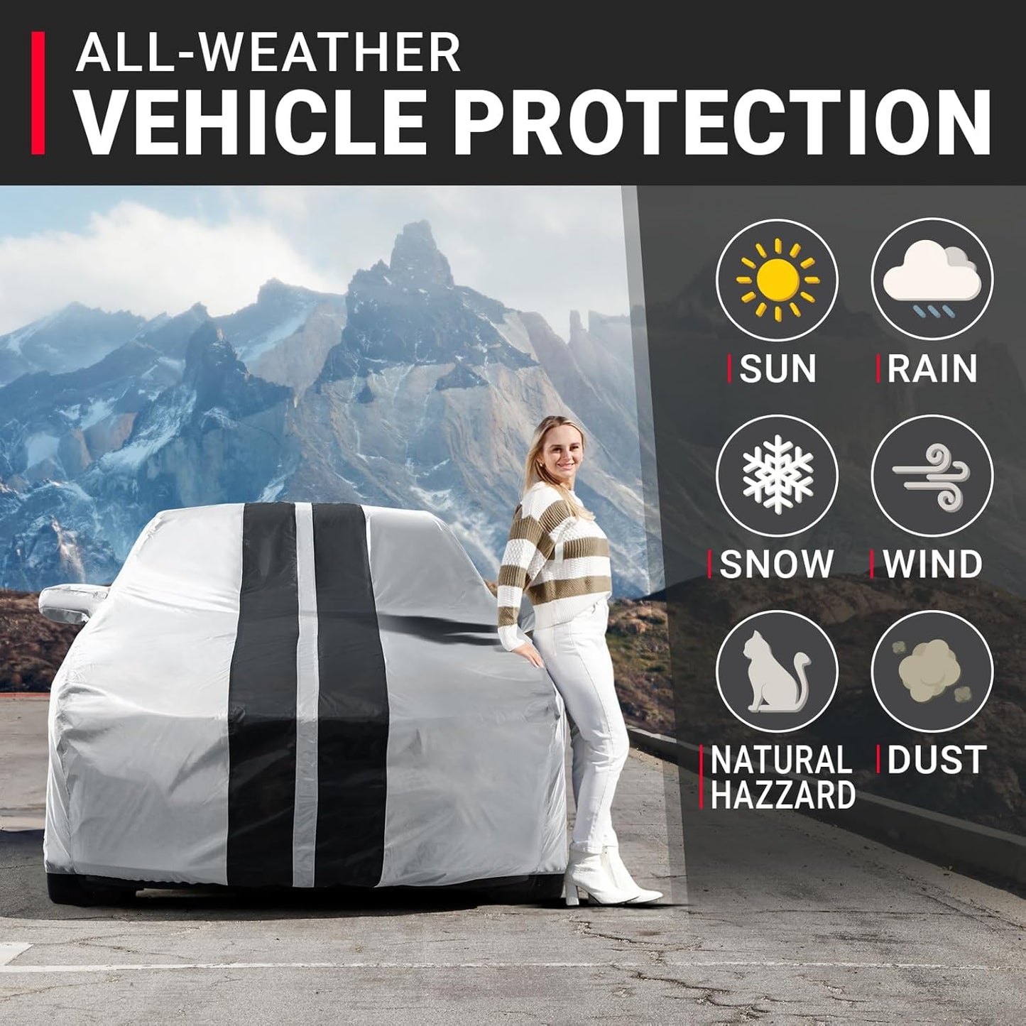 iCarCover Custom Car Cover for Pontiac G6 (2005-2010) Waterproof All-Weather Rain Snow UV Sun Protector Full Exterior Indoor Outdoor Car Cover (Stripe - Gray/Black)