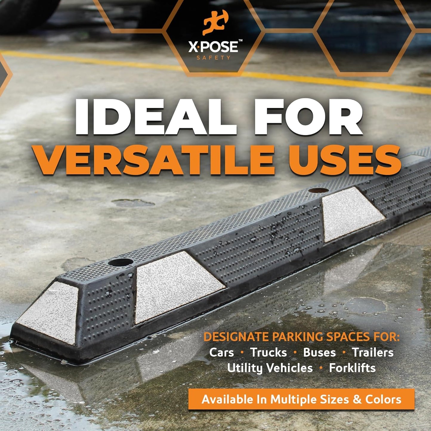 Xpose Safety 48" Heavy Duty Rubber Parking Stopper – 1 Pack Wheel Blocks for Garage, Driveway, or Ramp – Car Bumper Stop with White Reflective Strips – Removable Floor Mount