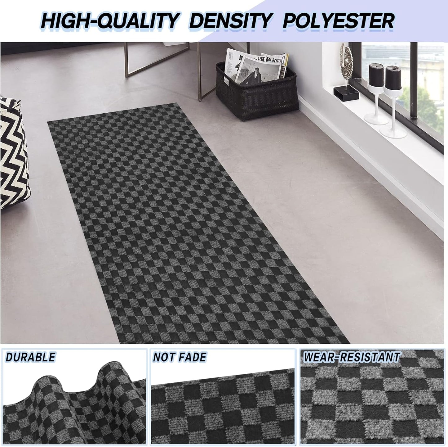 Custom Size Backed Non-Slip Area Rugs Runner, Easy Clean, Waterproof Runner Rugs for Hallway Entryway, Kitchen, Laundry, 2FT x 16FT, Gray Checkered