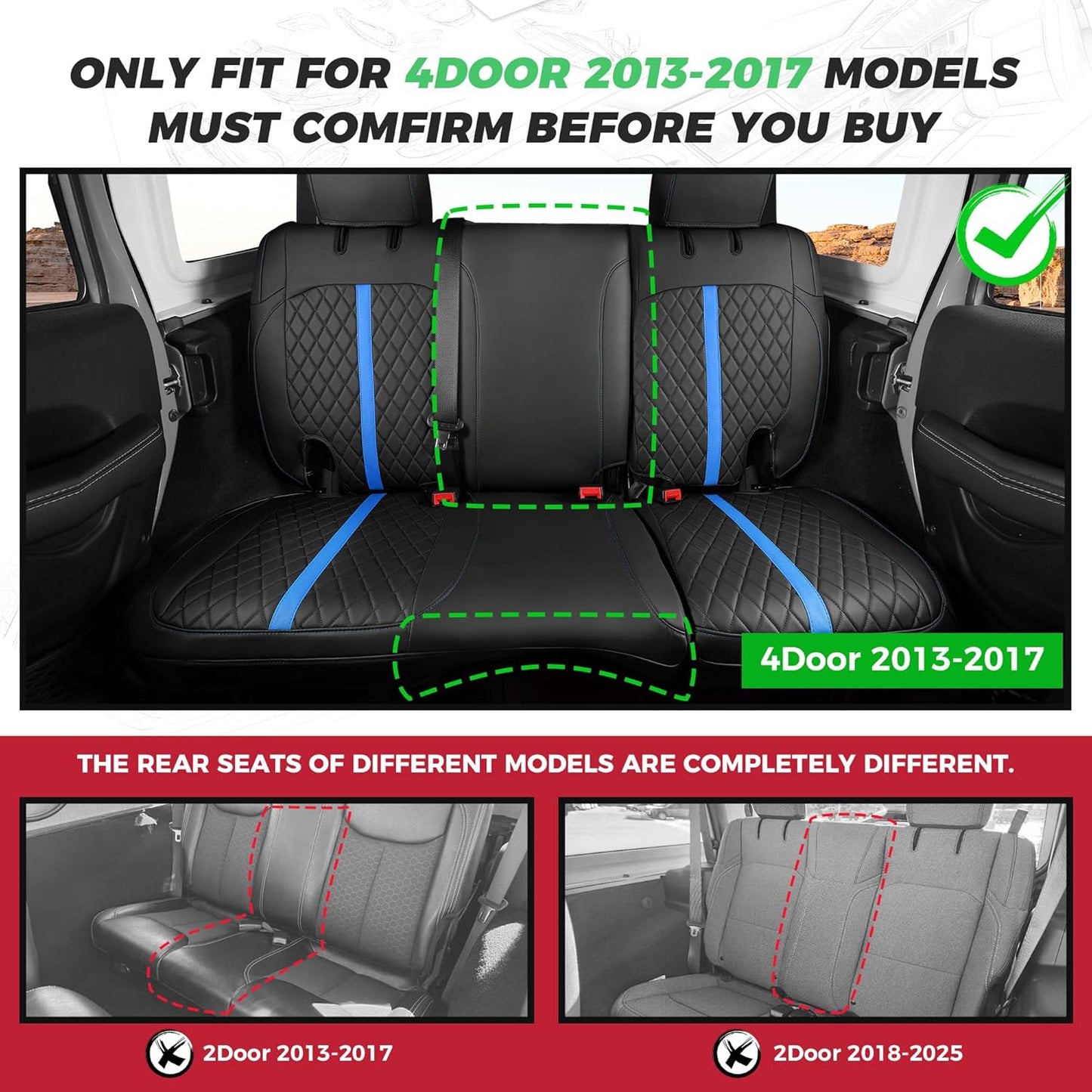 for Jeep Wrangler Seat Covers 4Door JK 2013 2014 2015 2016 2017, Custom Car Seat Cover Full Set, Luxury Leather Seat Protectors, Waterproof SUV Interior Cushions Accessories, Black Blue Trim
