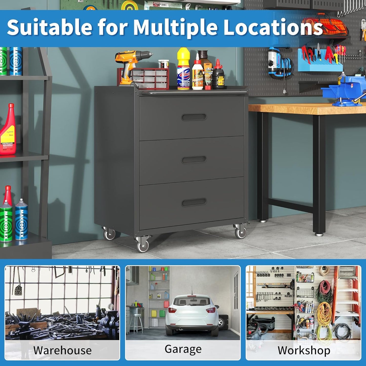 Metal Tool Cabinet,Garage Storage Cabinet System,Wall Cabinet & Locking Rolling Tool Cabinet with Doors and Adjustable Shelves,Steel Tool Cabinets for Home,Office (2 Pcs-StyleE, Black)