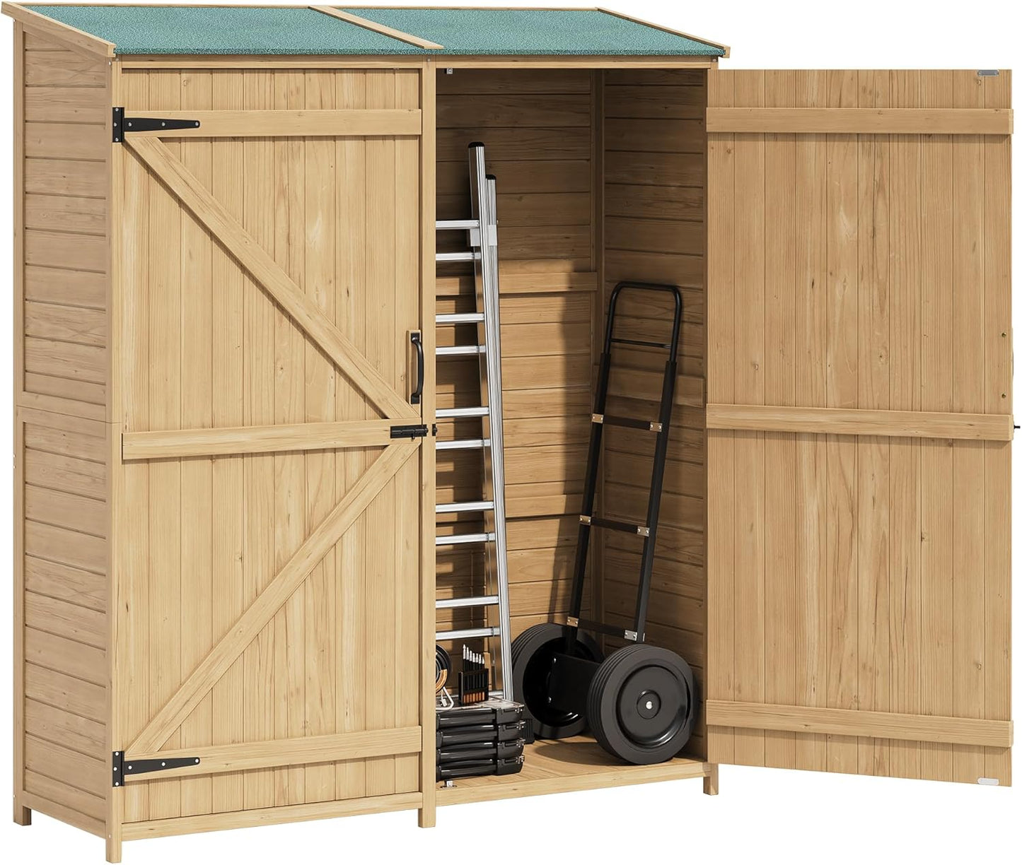 Wooden Outdoor Storage Cabinet, 64" Vertical Tall Garden Tool Shed with Waterproof Sloped Roof, Lockable Double Doors, Removable Shelves, Utility Tool Organizer for Patio, Backyard, Lawn Equipment