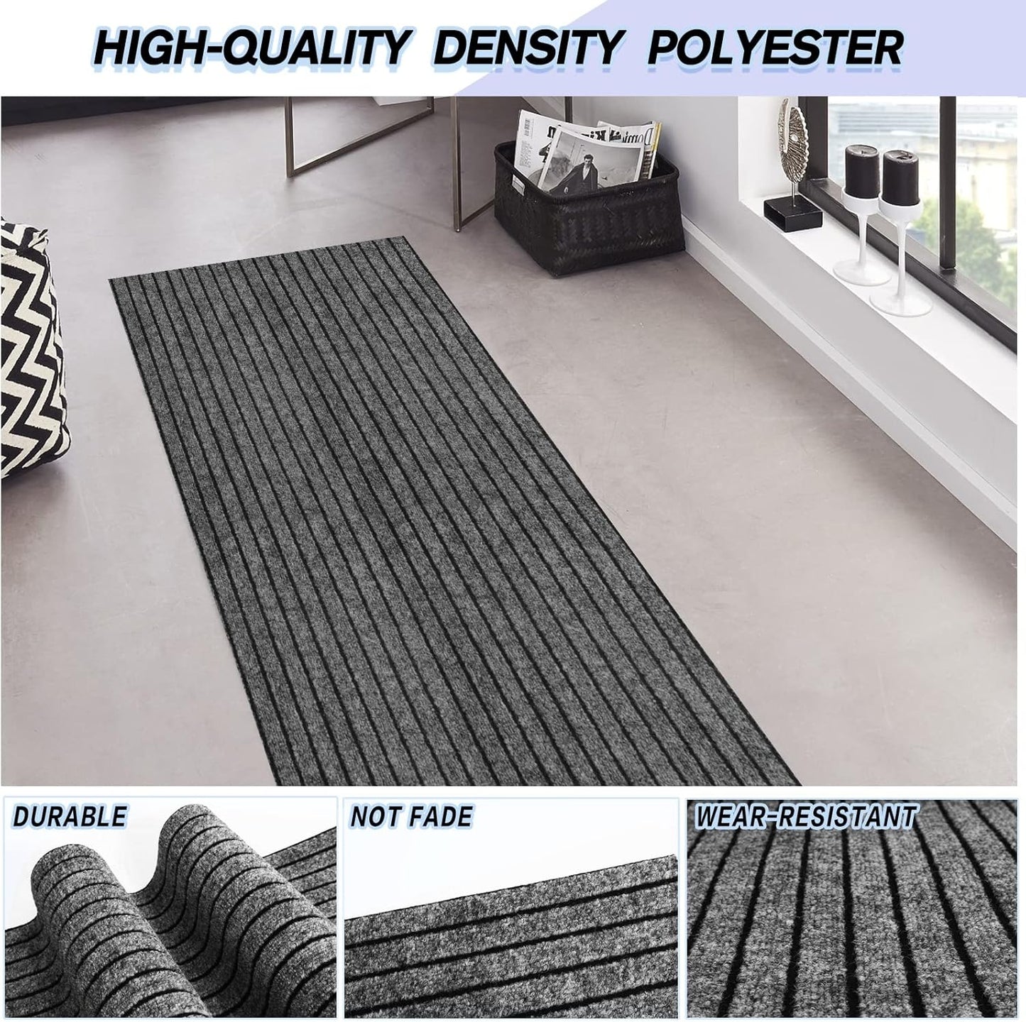 Custom Size Backed Non-Slip Area Rugs Runner, Easy Clean, Waterproof Runner Rugs for Hallway Entryway, Kitchen, Laundry, 2FT x 6FT, Gray Stripe