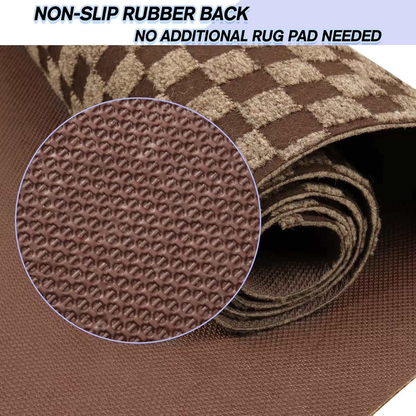 Custom Size Backed Non-Slip Area Rugs Runner, Easy Clean, Waterproof Runner Rugs for Hallway Entryway, Kitchen, Laundry, 3FT x 23FT, Brown Checkered